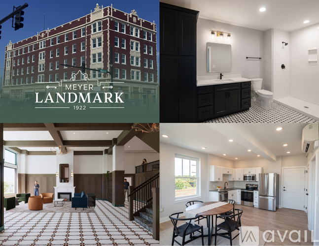 A collage of images showing a building, a bathroom, a living room, and a kitchen.