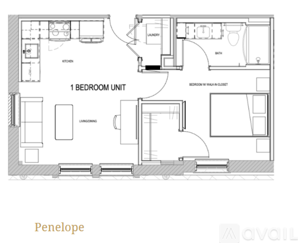 A floor plan of a one bedroom unit with a penelope.