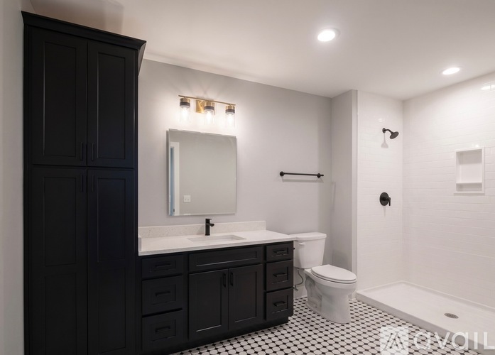 A black and white bathroom with a sink, toilet, and shower.