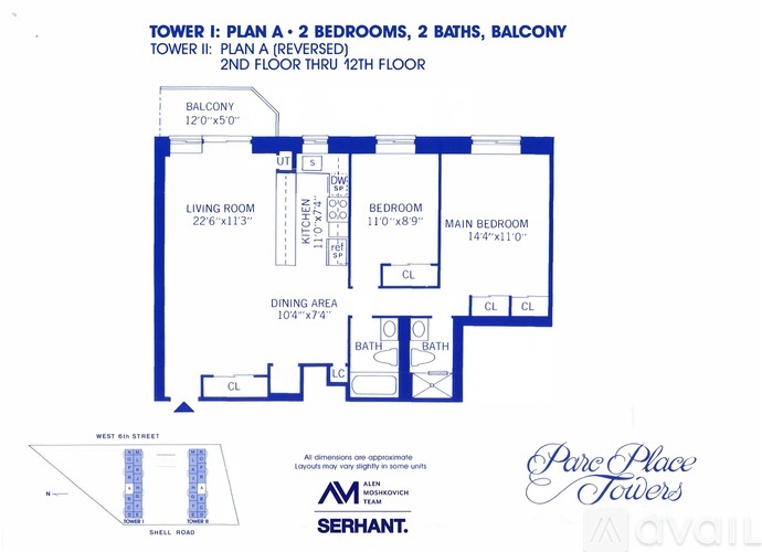 A floor plan for a 2 bedroom, 2 bathroom apartment in the Pure Place Towers.