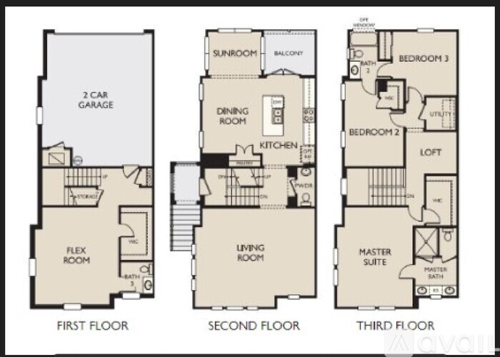 A drawing of a house with three floors, each floor having different rooms.