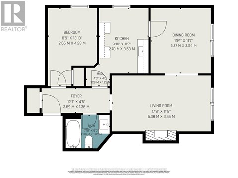 A floor plan for a home with a bedroom, living room, kitchen, and dining room.