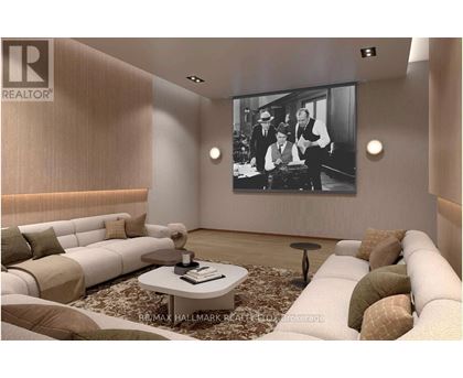 A living room with a large screen displaying a black and white image of three people.