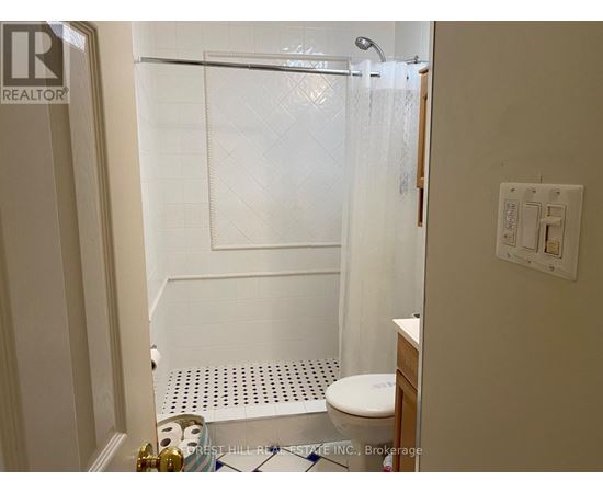 A bathroom with a toilet and a shower with a glass door.