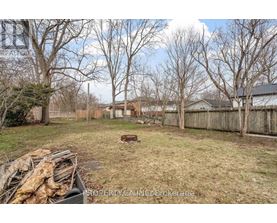 A backyard with a pile of wood in the foreground and a fence surrounding the yard.
