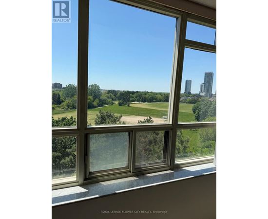 A window with a view of a city skyline and greenery.