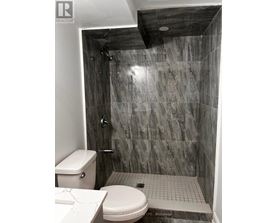 A bathroom with a toilet, a walk-in shower, and a marble wall.