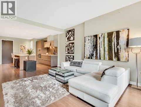 A living room with a white couch and a grey rug.