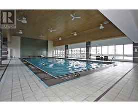 A large indoor swimming pool with a wooden ceiling and tiled floor.
