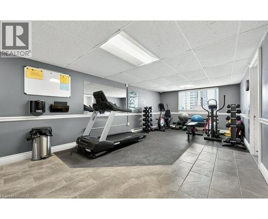 A gym room with a treadmill, weights, and exercise balls.