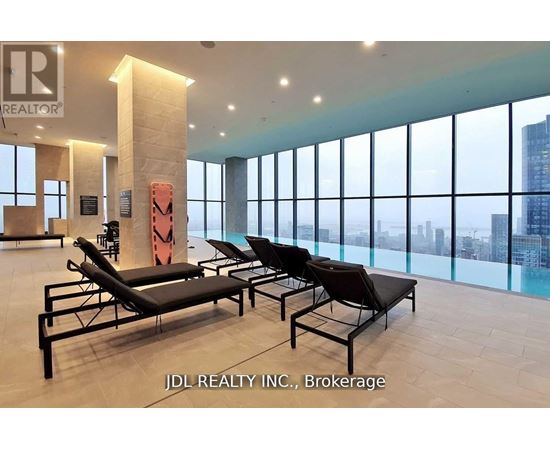 A brokerage office with a view of the city.