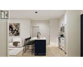 A modern kitchen with a dining table and chairs.