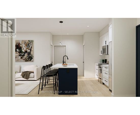 A modern kitchen with a dining table and chairs.