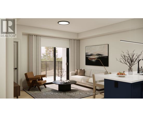 A modern living room with a dining table and chairs.