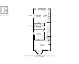 A floor plan of a house with a balcony, two bathrooms, and two bedrooms.