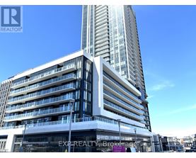 A tall building with a glass facade and a sign that reads "EXPREALTY Brokerage.".