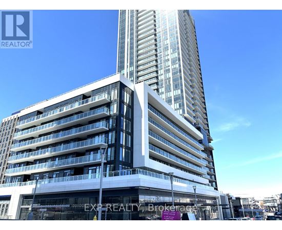 A tall building with a glass facade and a sign that reads "EXPREALTY Brokerage.".