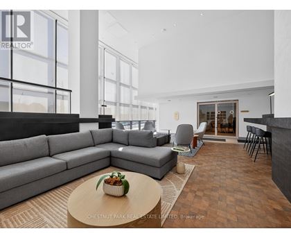 A modern living room with a grey sofa and a coffee table with a plant on it.