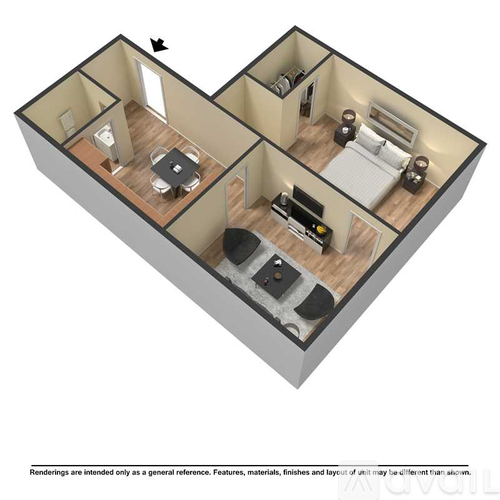A 3D floor plan of a small apartment with two bedrooms and a living room.