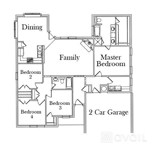 A floor plan of a house with a dining area, family room, master bedroom, and two bedrooms.