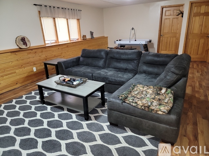 A black sofa and loveseat in a living room with a grey and white rug.