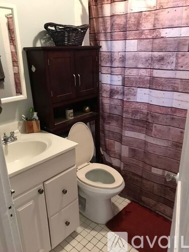A bathroom with a toilet, sink, and shower curtain.