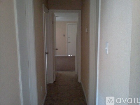 A hallway with a carpeted floor and a door at the end.
