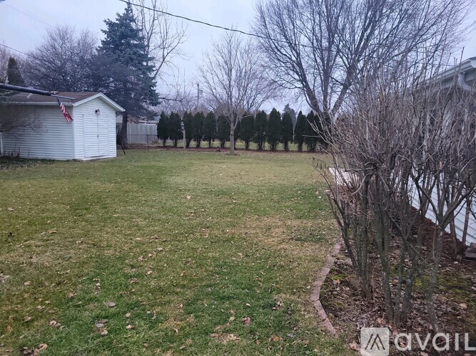 A backyard with a shed, trees, and a grassy area.