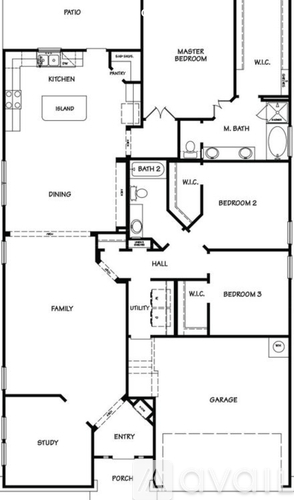 A floor plan of a house with a garage and a study.
