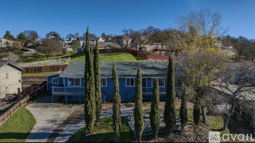 A house with a blue roof is surrounded by trees and has a driveway leading to the front door.