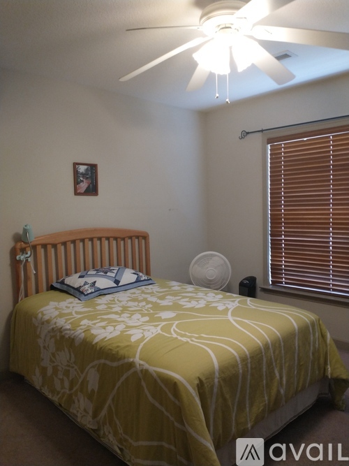 A bedroom with a bed, a ceiling fan, and a picture on the wall.