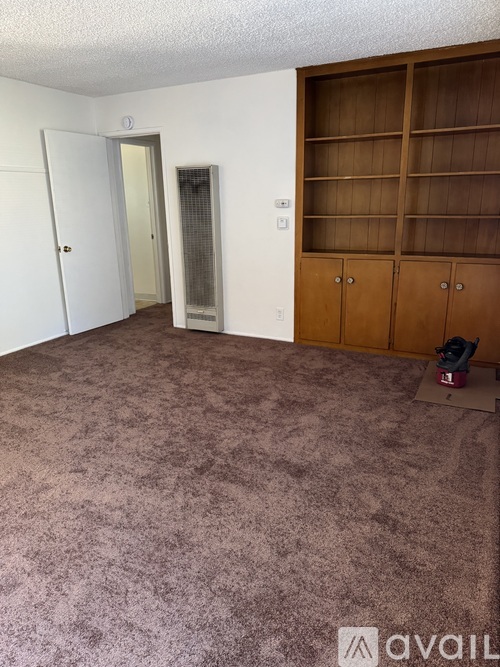A room with a carpeted floor and a wooden cabinet.