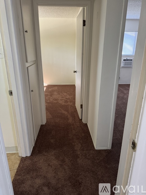A hallway with carpeted flooring and white doors.