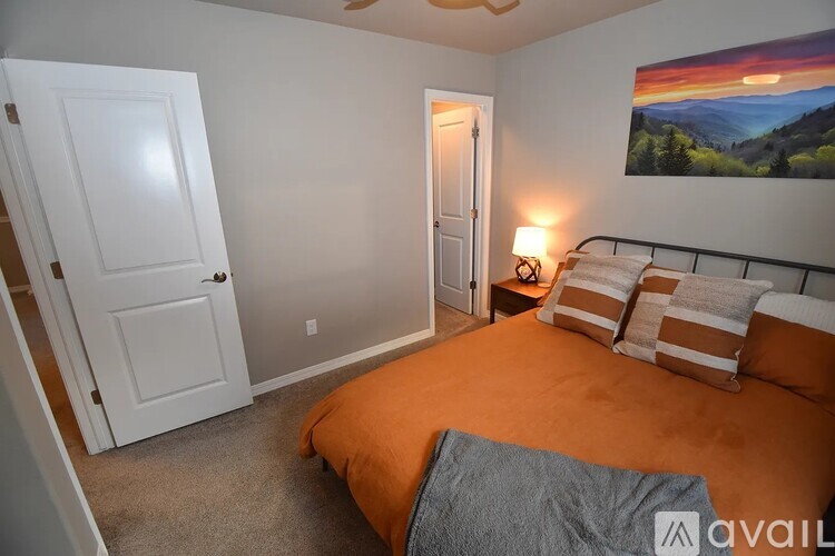 A bedroom with a bed, pillows, a nightstand with a lamp, and a painting on the wall.