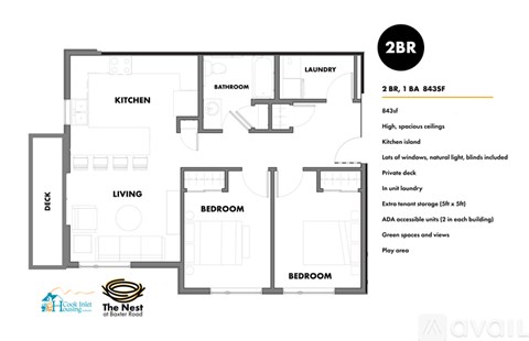 A floor plan for a 2BR apartment at The Nest at Bayer Kroog.