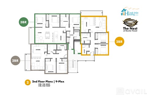 A floor plan for a 2nd floor with 9-plex layout.