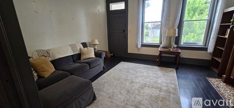 A living room with a grey couch and a white rug.