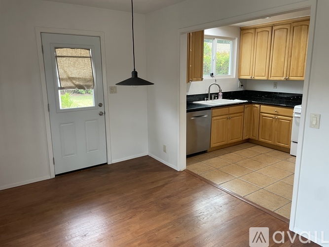 A kitchen with wooden cabinets and a black pendant light.