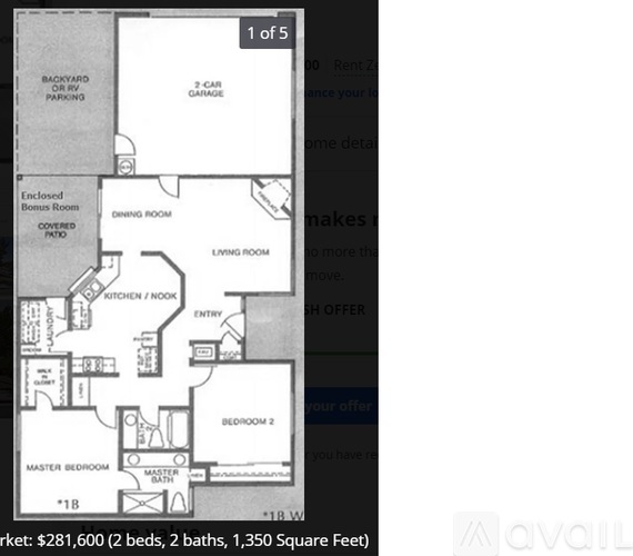 A floor plan of a two bedroom, two bathroom apartment with a master bedroom and a living room.