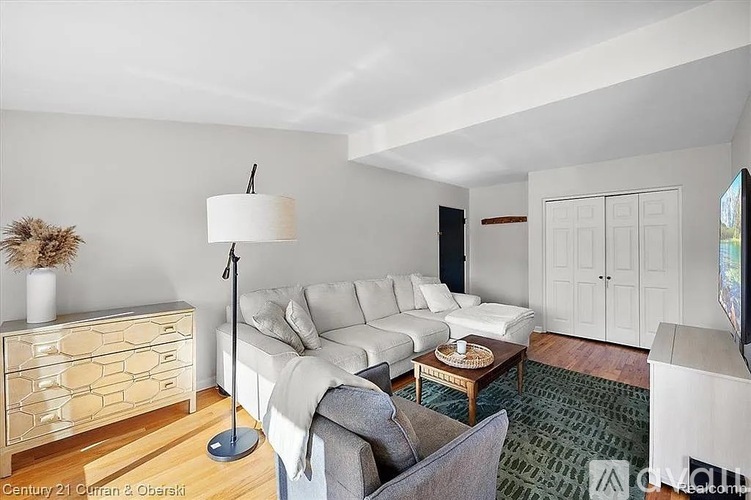 A living room with a white couch, a wooden floor, and a green rug.