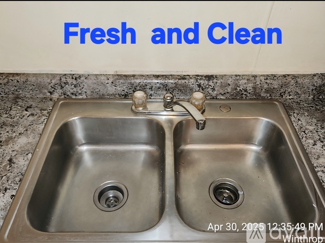 A stainless steel double sink with a faucet and a text that says "Fresh and Clean".