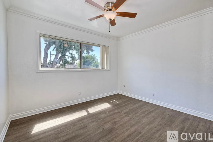 A room with a ceiling fan and a window showing trees outside.
