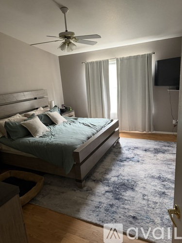 A bedroom with a bed, a ceiling fan, and a rug.