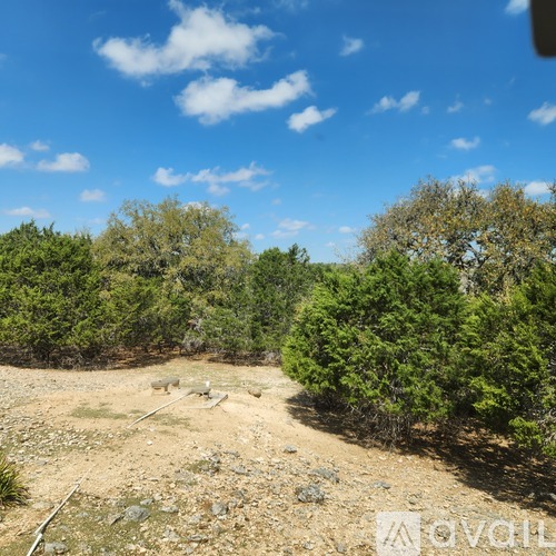 A dirt field with trees and a clear sky.