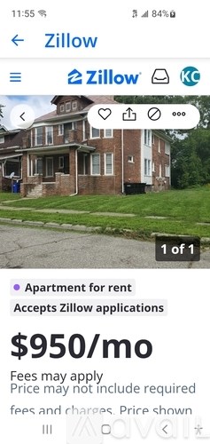 A Zillow listing shows a two-story brick apartment for rent at $950 per month.