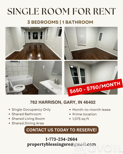 A single room for rent with 3 bedrooms and 1 bathroom is available at $650 - $750 per month.