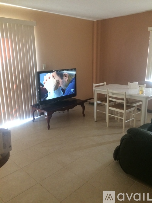 A living room with a television on a stand and a dining table with chairs.