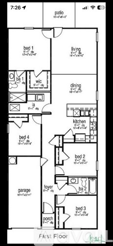 A floor plan of a house with four bedrooms, a living room, a dining room, a kitchen, a garage, and a porch.