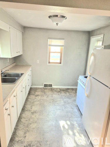 A kitchen with a white fridge, sink and cabinets.