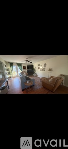 A living room with a couch, a television, and a ceiling fan.